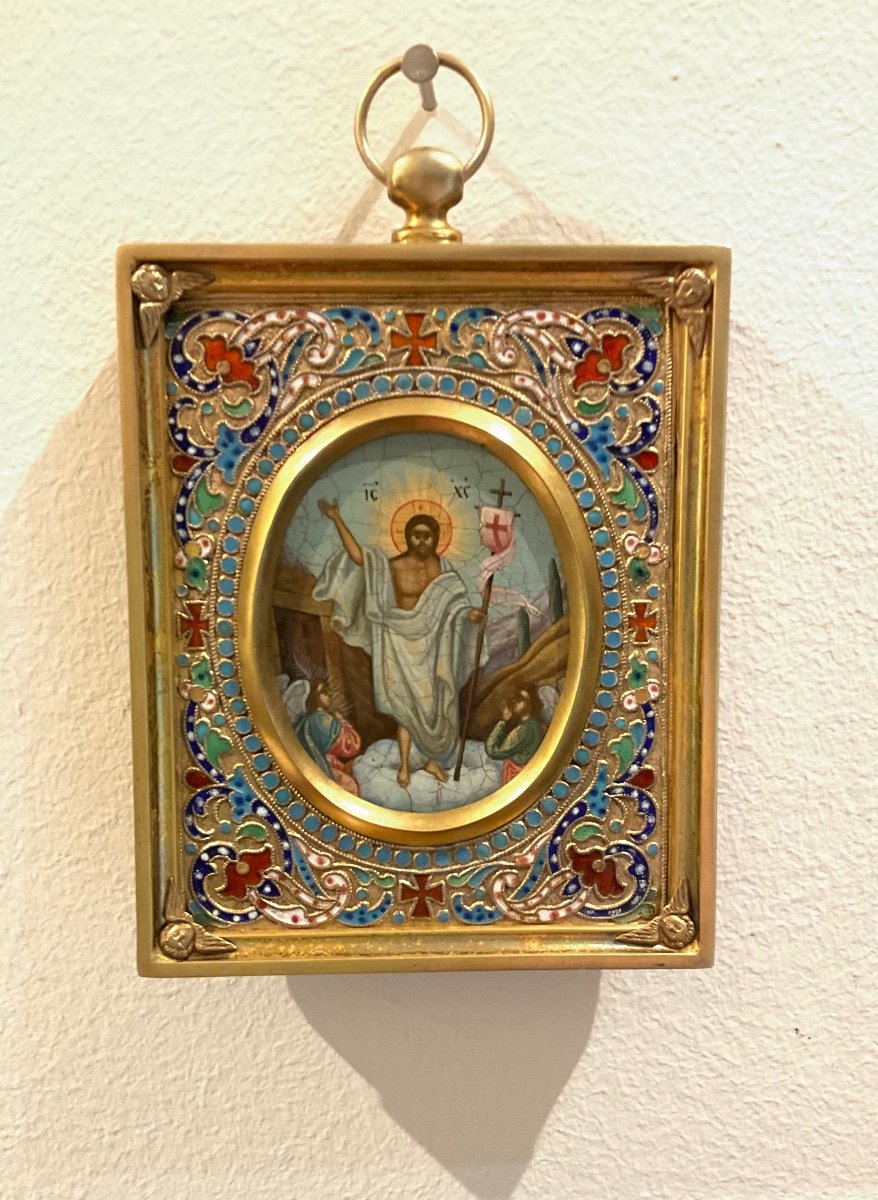 Antique Russian Icon With Oklad In Silver And Enamel Cloisonne The Resurrection-photo-6