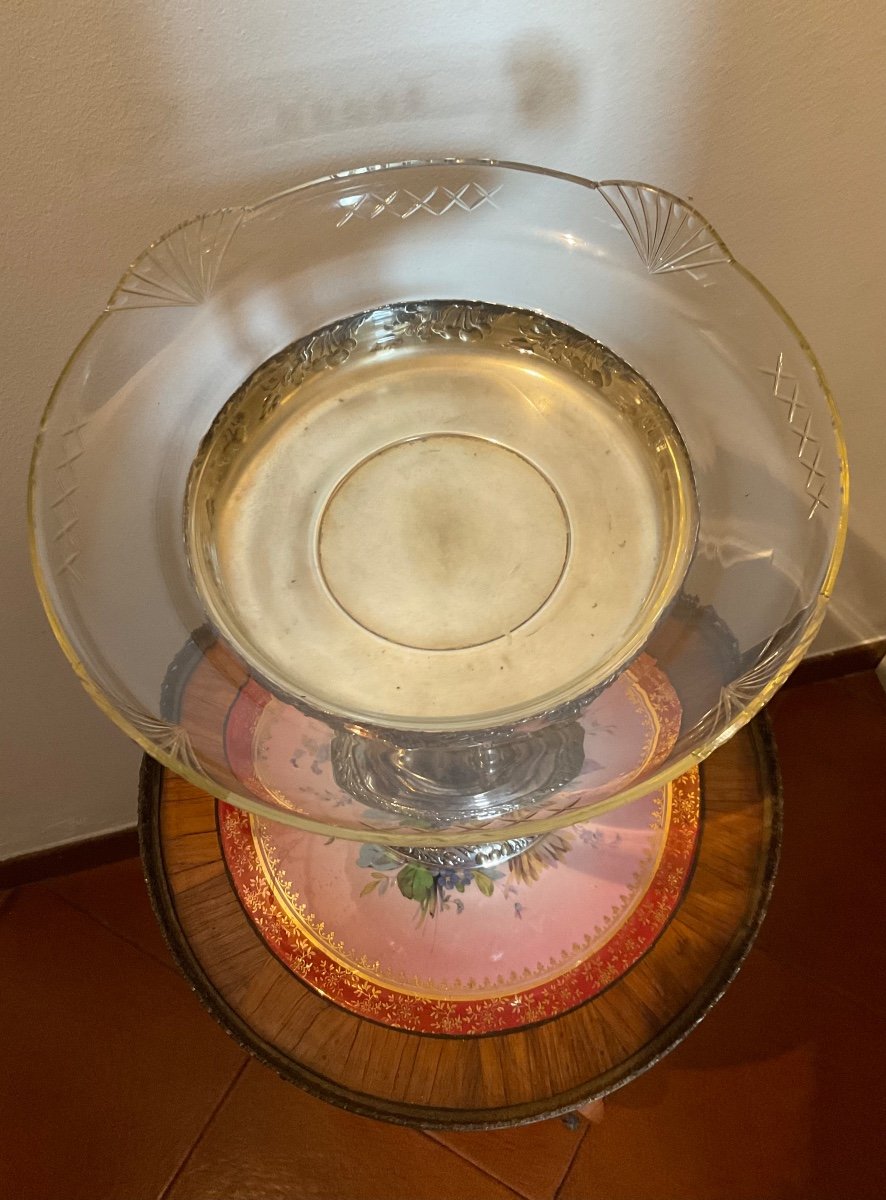 Antique Silver Metal Centerpiece With Glass Bowl-photo-2