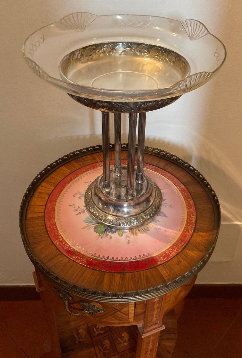 Antique Silver Metal Centerpiece With Glass Bowl-photo-5