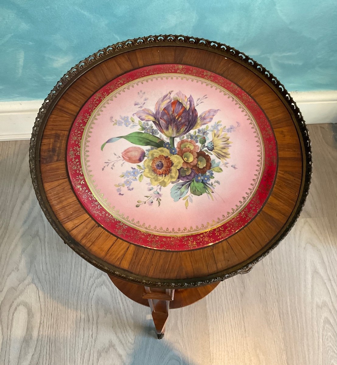 Antique Marquetry Coffee Table With Porcelain Tray, XIX Century-photo-3