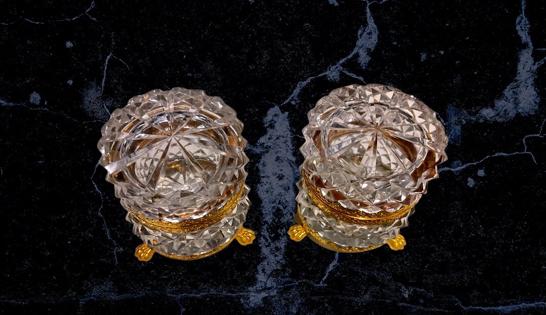 Pair Of Baccarat Cut Crystal Boxes Mounted In Bronze-photo-2