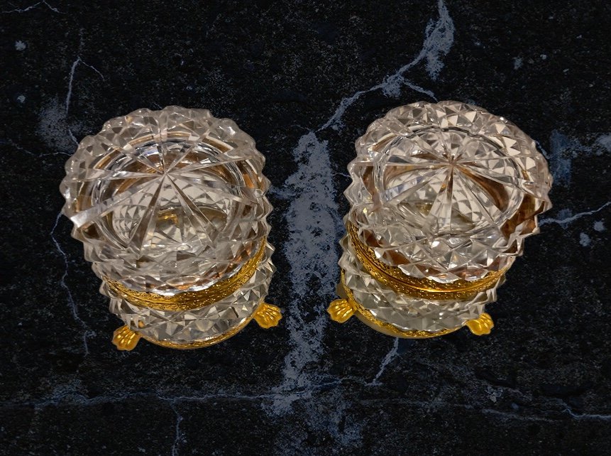 Pair Of Baccarat Cut Crystal Boxes Mounted In Bronze-photo-4