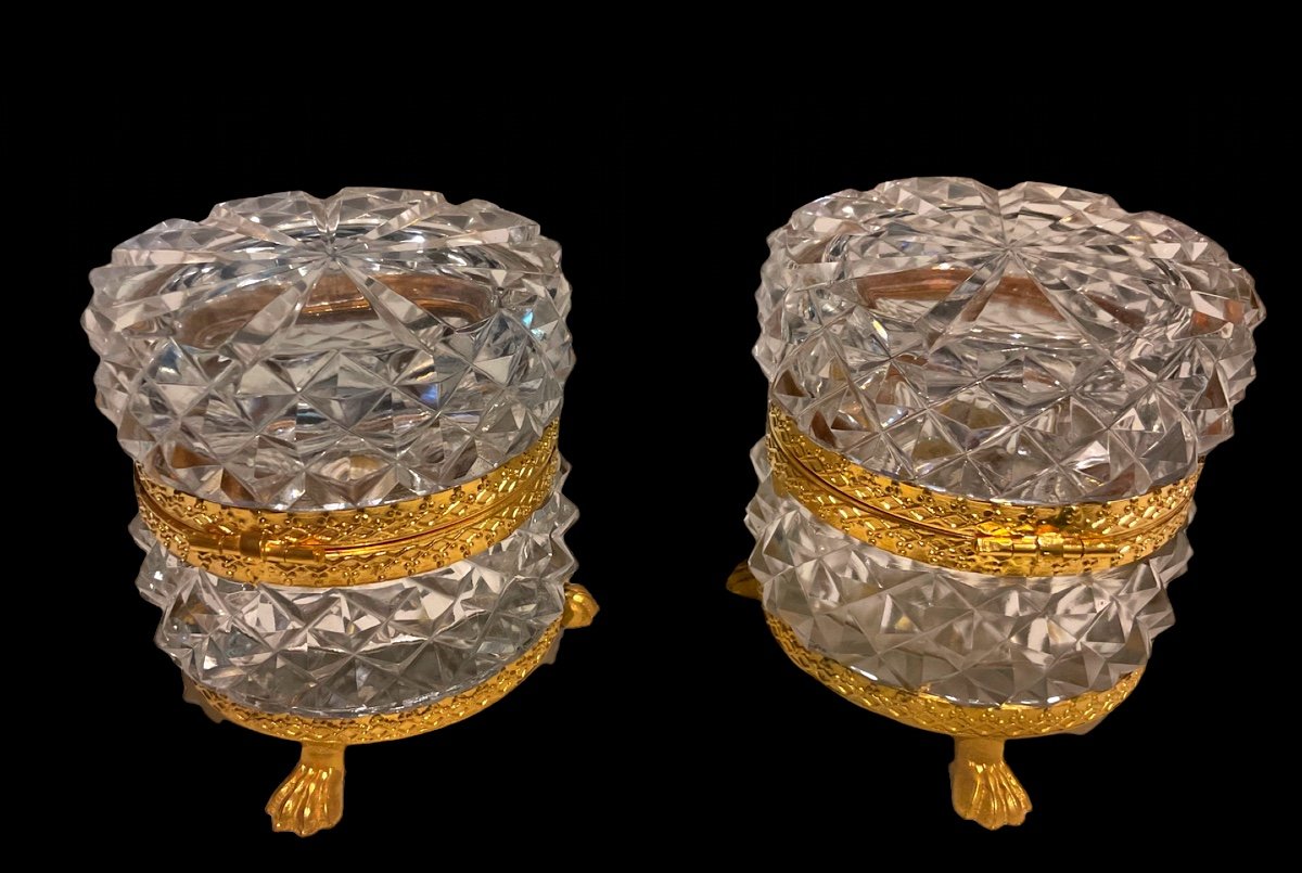 Pair Of Baccarat Cut Crystal Boxes Mounted In Bronze