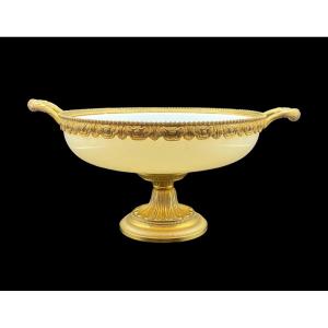 Grand Tazza En Verre Opalin Avec Monture En Bronze, Lourd. Centre De Table Opaline Pour Fruits