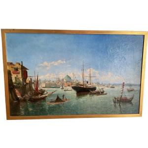 Antique Orientalist Painting By Fritz Carpentero” View Of Bosporus “