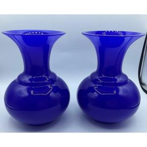 Pair Of Opaline Glass Vases In Lapis Lazuli Blue