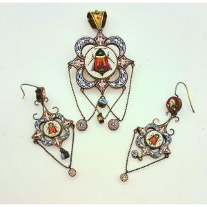 Set Of Antique Micromosaic Earrings And Large Pendant Pin,grand Tour