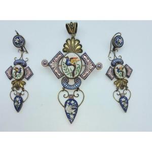Wonderful Antique Micromosaic Set Of Pendant With Earrings 