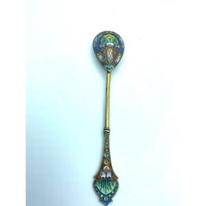 Russian Silver Enamel Gilded Tea Spoon,art Nouveau,in A Manner Of Gustav Klingert