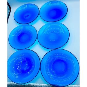 Set Of 6 Large Murano Glass Plates In Sapphire Blue 