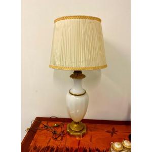 Grande Lamp  En Verre Opaline,xixème Dore  Bronze Mont