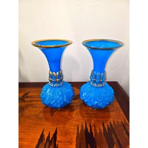 Pair Of Grench Opaline Baccarat Baluster Glass Vases With Moulded Body,bavcarat Opaline In Blue