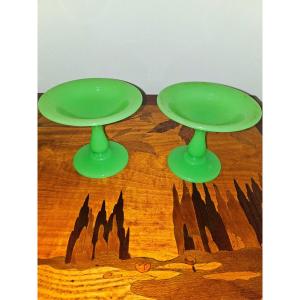 Pair Of French Opaline Glass Tazza In Green 