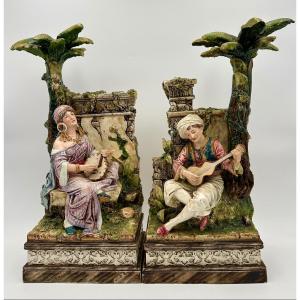 Pair Of French 19 Century Porcelain Composition Of Orientalist Couple With Musical Instruments 