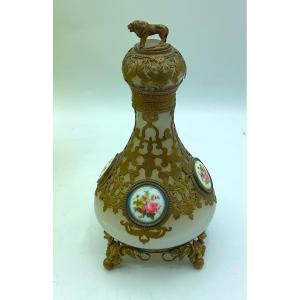 French Opaline Glass Perfume Bottle Bronze Mounted With Porcelain Plaques