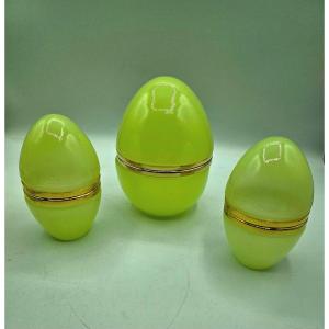 Antique French Opaline Uranium Glass Egg Shaped Boxes,set Of 3.