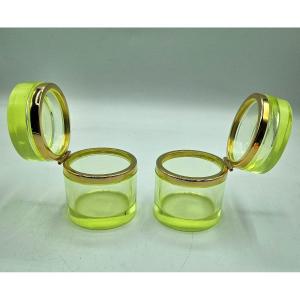 Antique Bohemian Uranium Crystal Glass Cylindrical Boxes,pair