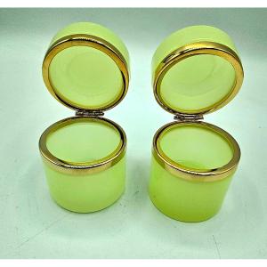 Antique Bohemian Uranium Crystal Glass Cylindrical Boxes,pair