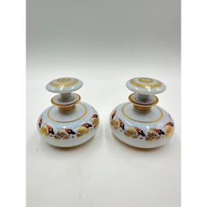 Pair Of White Soapy Opaline Bottles With Their Stoppers, Restoration Period.