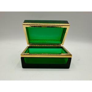 Boîte Coffret En Verre De Bohême Antique En Vert émeraude  