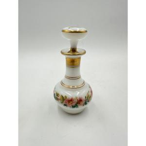 Antique Opaline Perfume Bottle Decorated With Painted Flowers  