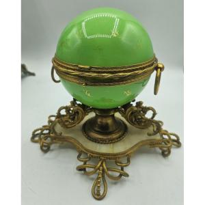 Antique Opaline Globe Shaped Casket With A Set Of Perfume Bottles With Miniatures Of View Of Pa