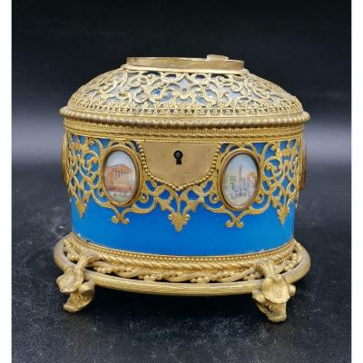 Exclusive Large Box / Box In Blue Opaline Glass With Miniatures From Paris / Palais-royal