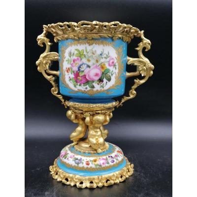 Exceptional Sevres Porcelain Cup Painted In Polychromy And Gilt Bronze With Mercury