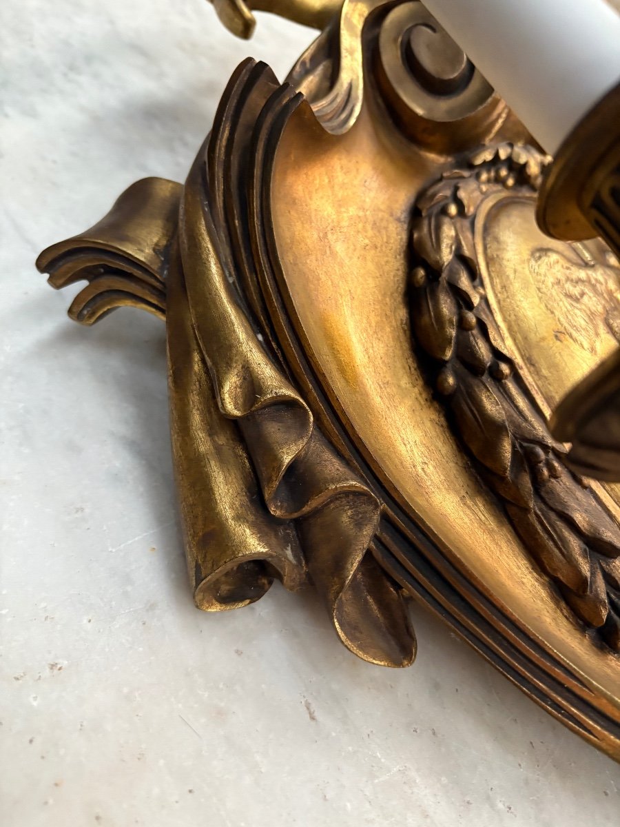 Impressive Pair Of Bronze Wall Lights With Golden Patina-photo-3