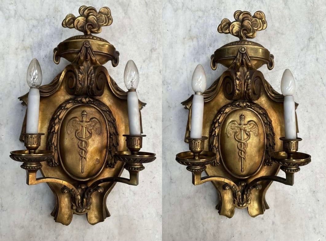 Impressive Pair Of Bronze Wall Lights With Golden Patina