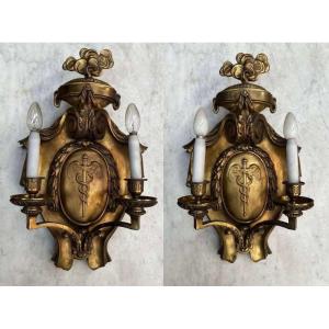 Impressive Pair Of Bronze Wall Lights With Golden Patina