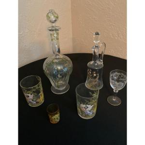 Set Of Enamelled Glasses And Carafes