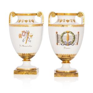 Pair Of 19th Century Sèvres Porcelain Vases Mounted In Gilt Bronze Decorated With Attributes