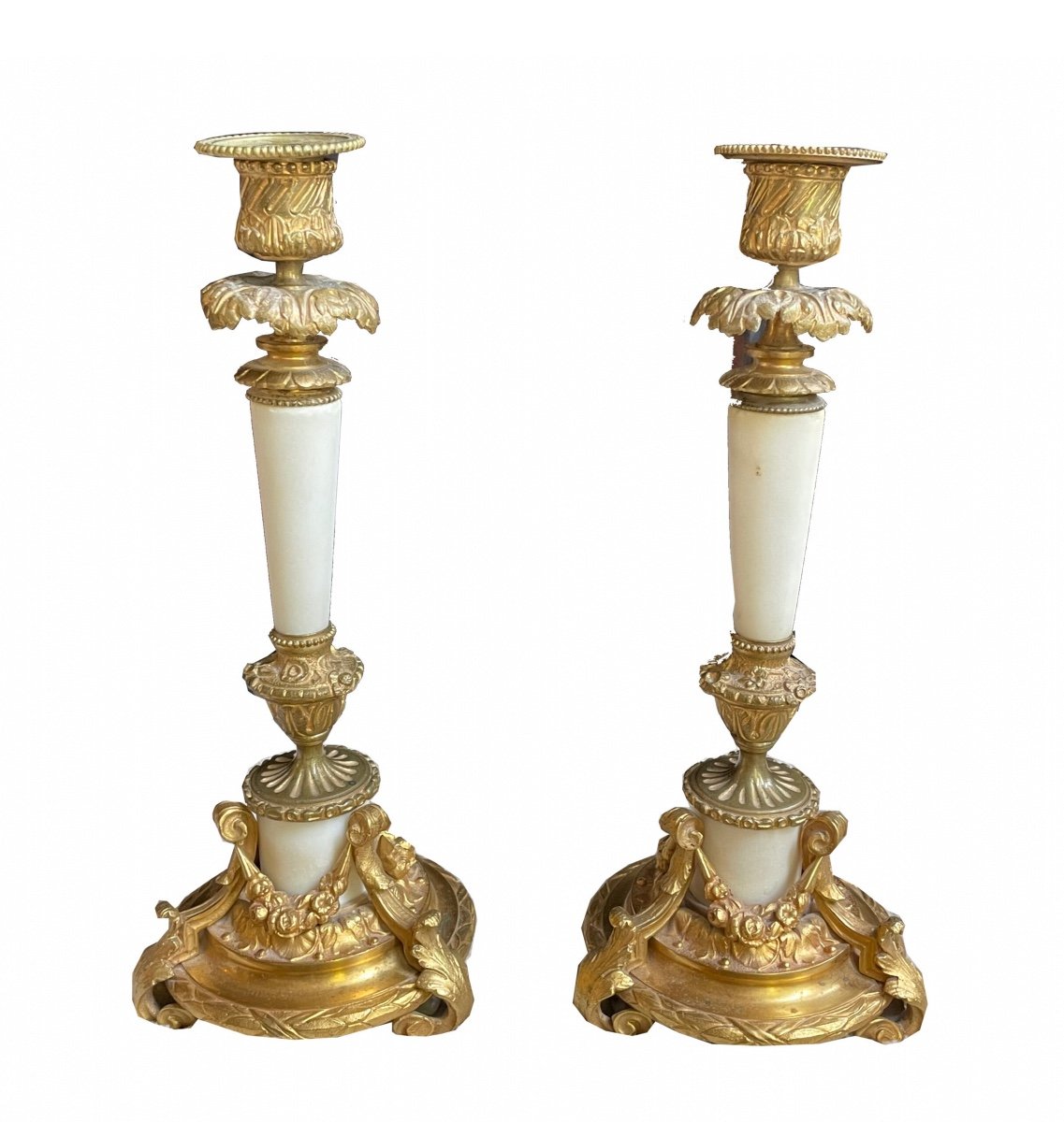 Empire France Candlesticks Circa 1830. Fire-gilt Bronze And Marble.