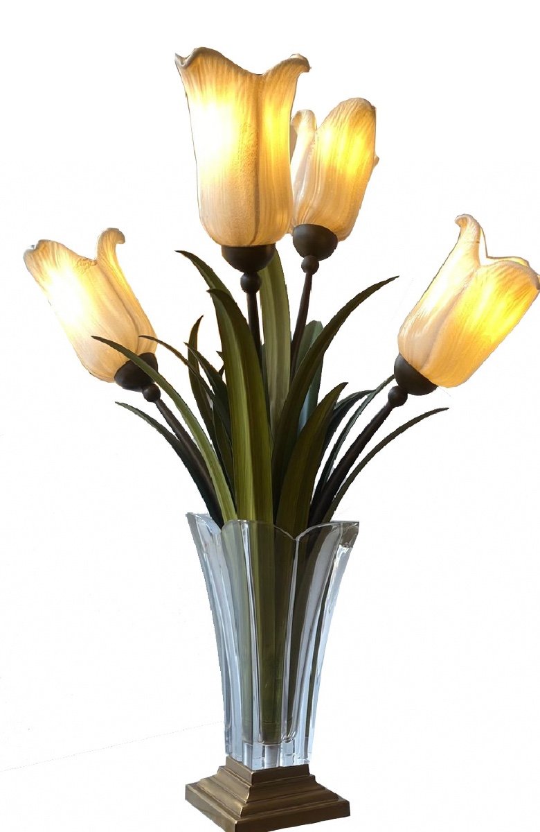 Murano Vase à Fleurs Avec Des Tulipes Comme Lampe  Italie Vers 1960 Milieu Du Siècle-photo-2