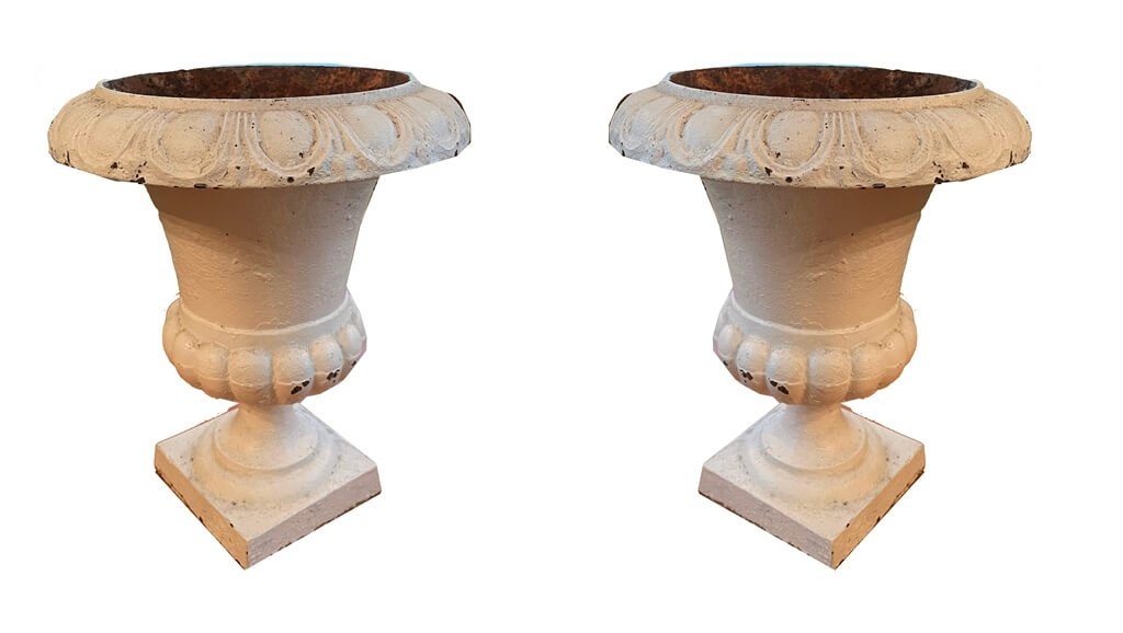 Pair Of Medici Crater Vases Biedermeier Cast Iron Painted White Circa 1880-photo-3