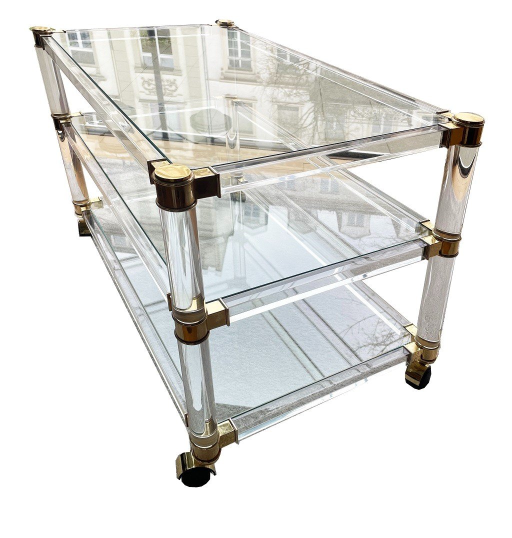 Mid Century Three Tier Acrylic Bar Cart With Brass Accents, Shelves-photo-1