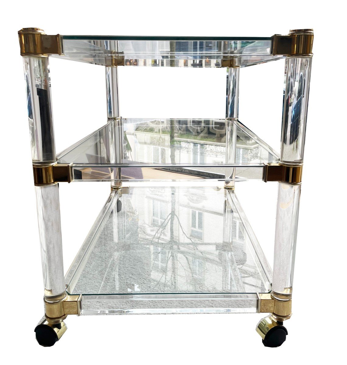 Mid Century Three Tier Acrylic Bar Cart With Brass Accents, Shelves-photo-2