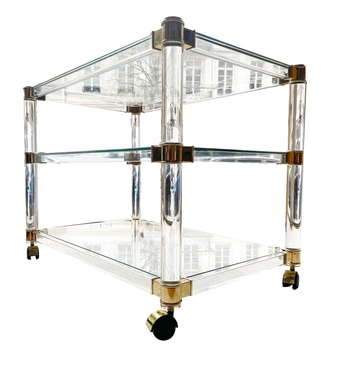 Mid Century Three Tier Acrylic Bar Cart With Brass Accents, Shelves-photo-3