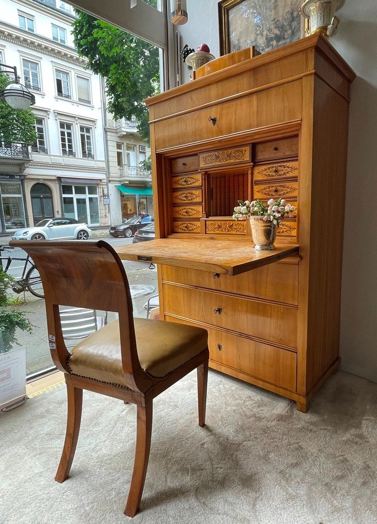 Biedermeier Secretary Thuringia Circa 1825 Cherry Wood, Birch Grain And Veneer -photo-5