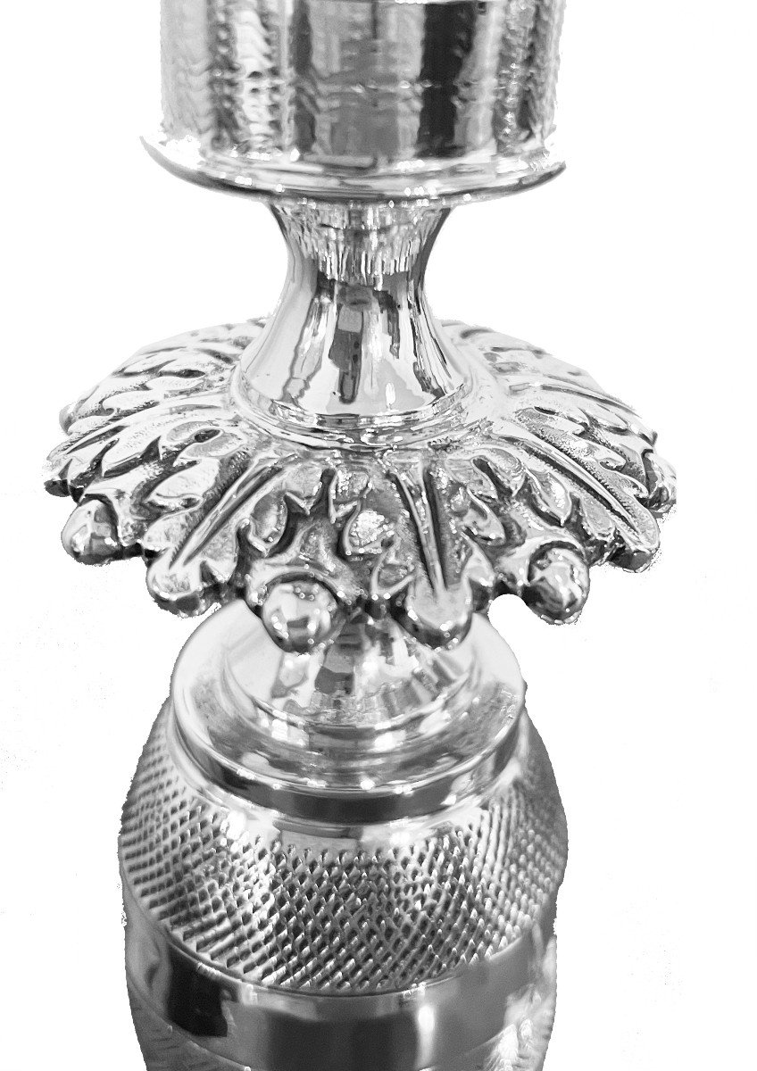 Silver Candelabres. Square Base And Slightly Domed Shaft With Palmette Frieze And Lampshade. -photo-2