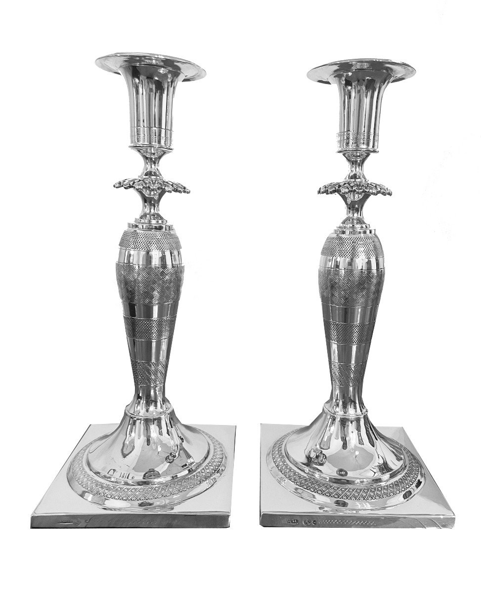 Silver Candelabres. Square Base And Slightly Domed Shaft With Palmette Frieze And Lampshade. -photo-5