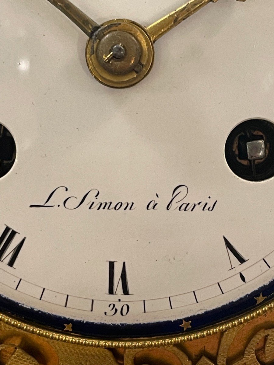 Small Empire Clock, Paris Around 1800, Signed: "l.simon,paris". Fire-gilded Bronze.-photo-2