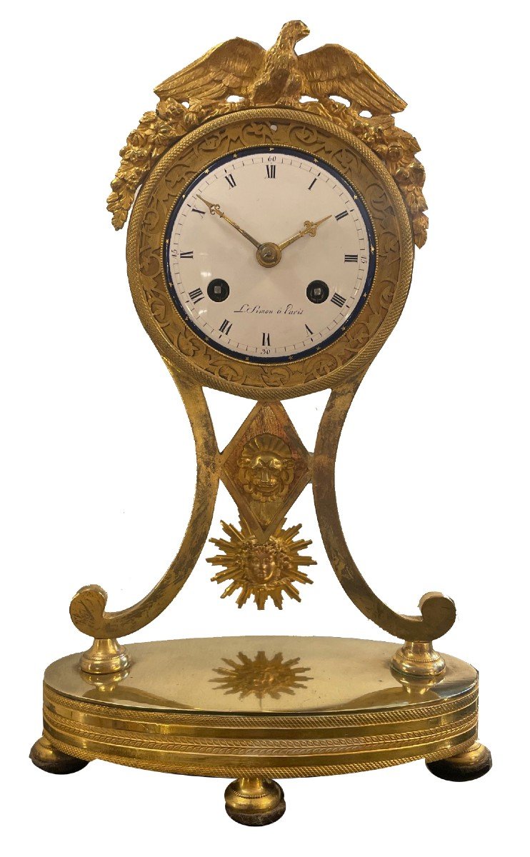 Small Empire Clock, Paris Around 1800, Signed: "l.simon,paris". Fire-gilded Bronze.