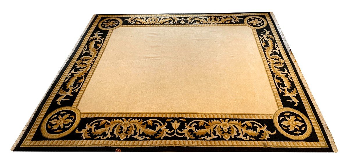 Large Hand Knotted Rug With A Wide Black And Gold Border And A Large Central Colored Field -photo-2