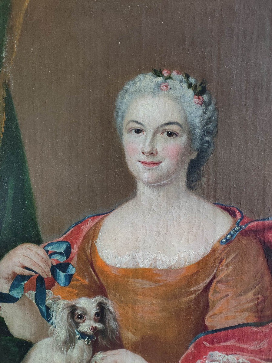 J.C. FENOUIL , important Portrait De Dame à l'épagneul époque Louis XV-photo-3