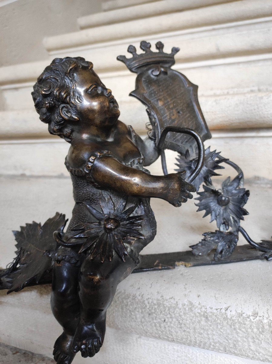 Paire De Putti Héraldiques En Bronze XVIIIème-photo-3