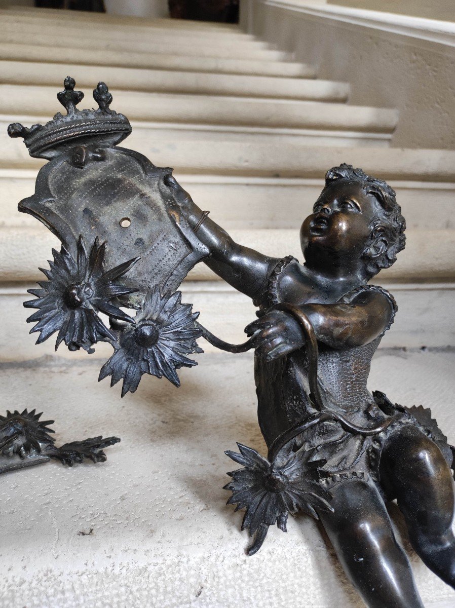 Paire De Putti Héraldiques En Bronze XVIIIème-photo-4