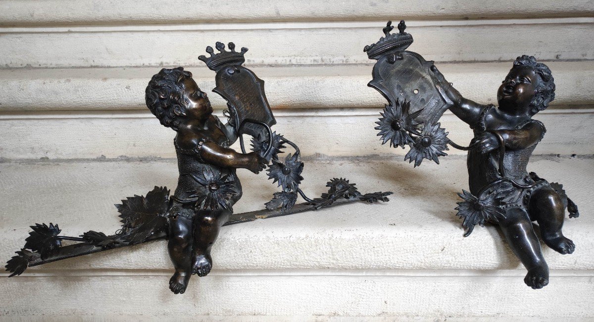 Paire De Putti Héraldiques En Bronze XVIIIème