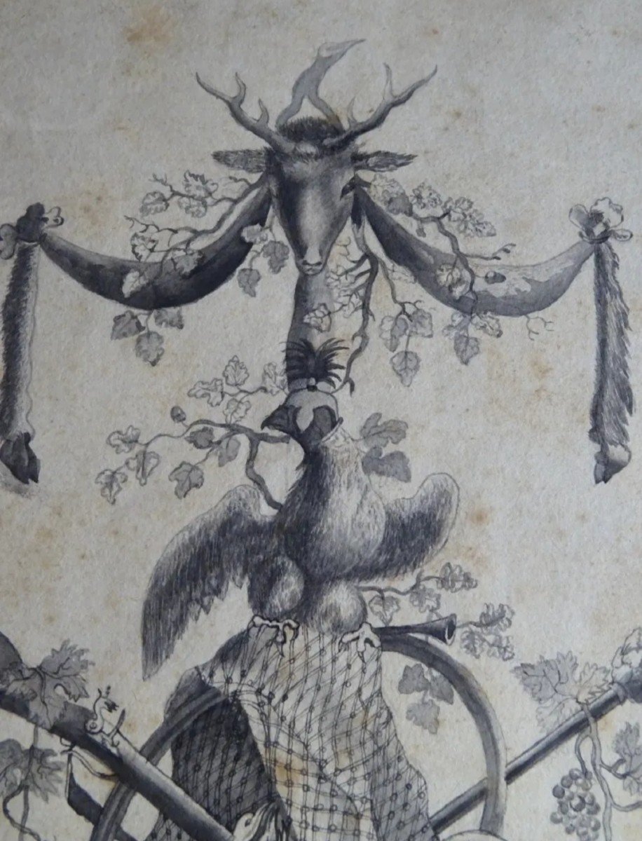 Drawing Allegorical Hunting Trophy Late 18th Century-photo-2